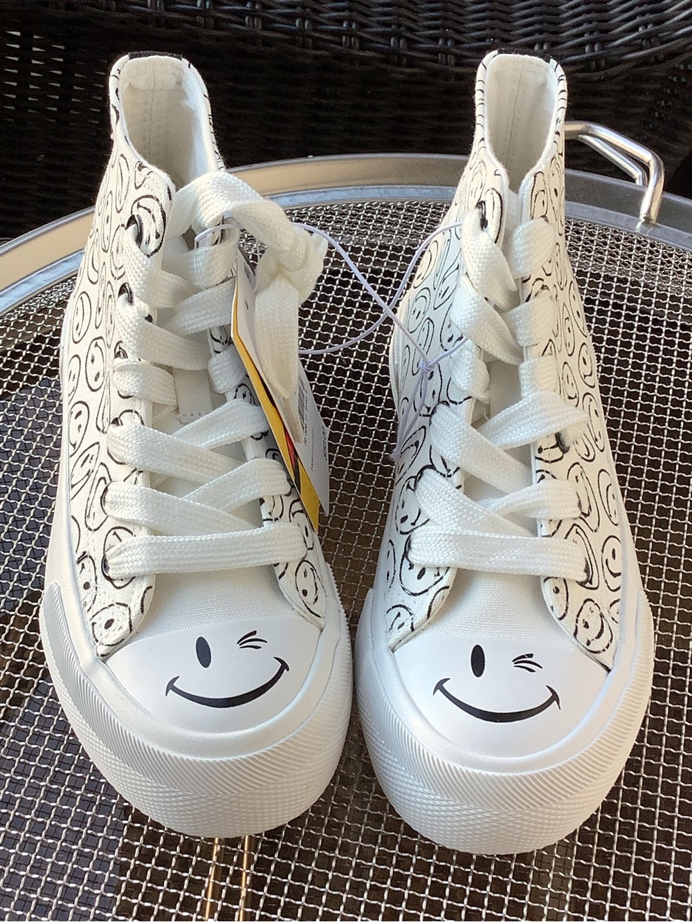 Joe Boxer White Canvas High-Top Sneakers with Black Smile Print